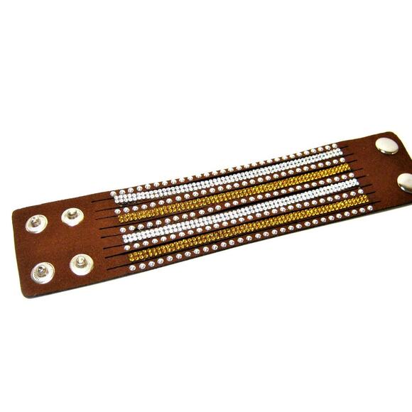 Brown Faux Suede Wide Multi strand Rhinestone Studded Goth Glam style Bracelets - Picture 2 of 3